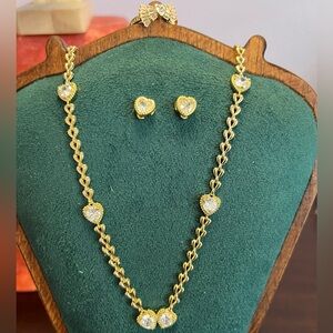 Elegant Gold Heart CZ Diamond Choker Necklace, Ring (Sz 9), & Heart Earring Set